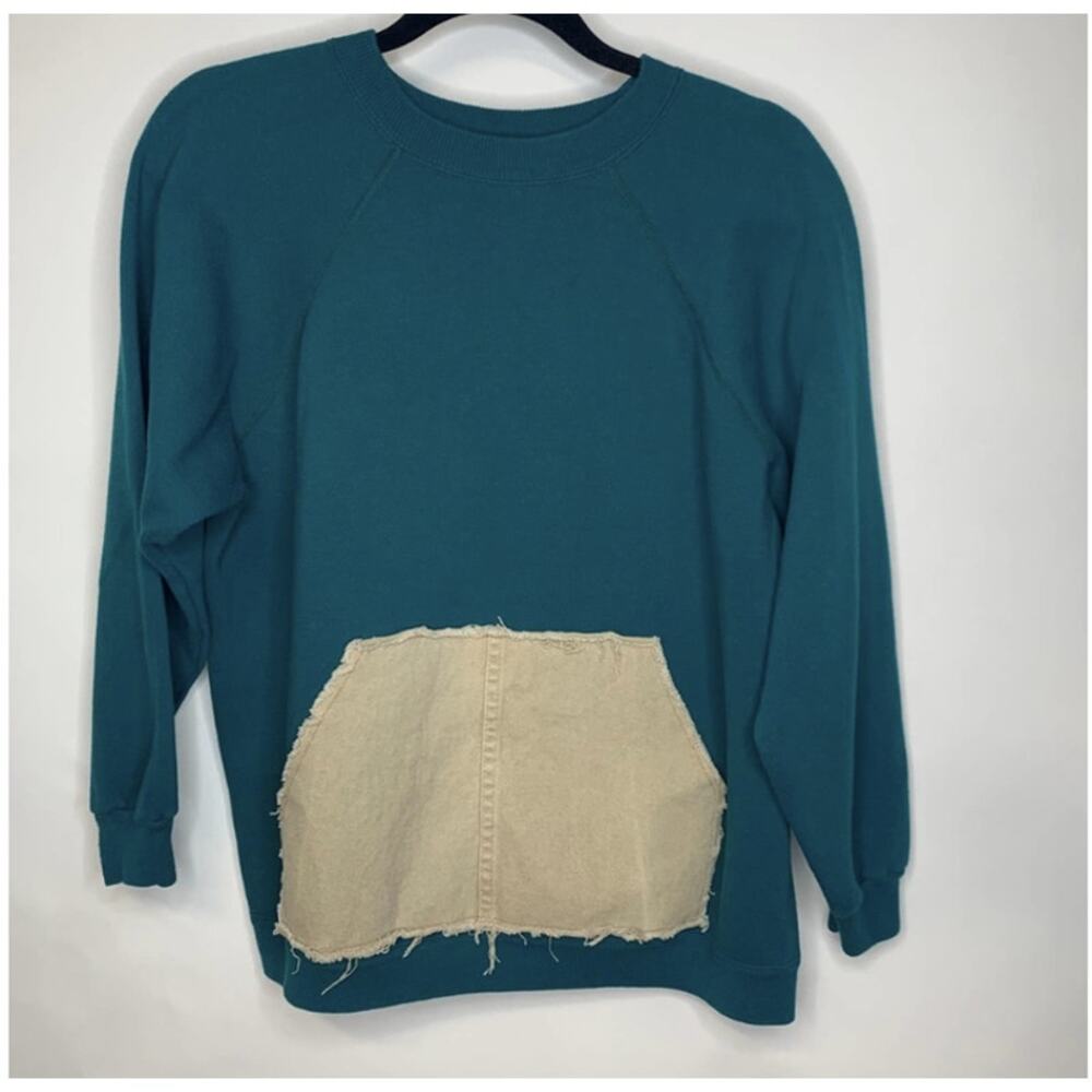 Teal Green Tan Denim Kangaroo Pocket Crew Neck Sweatshirt ? Medium